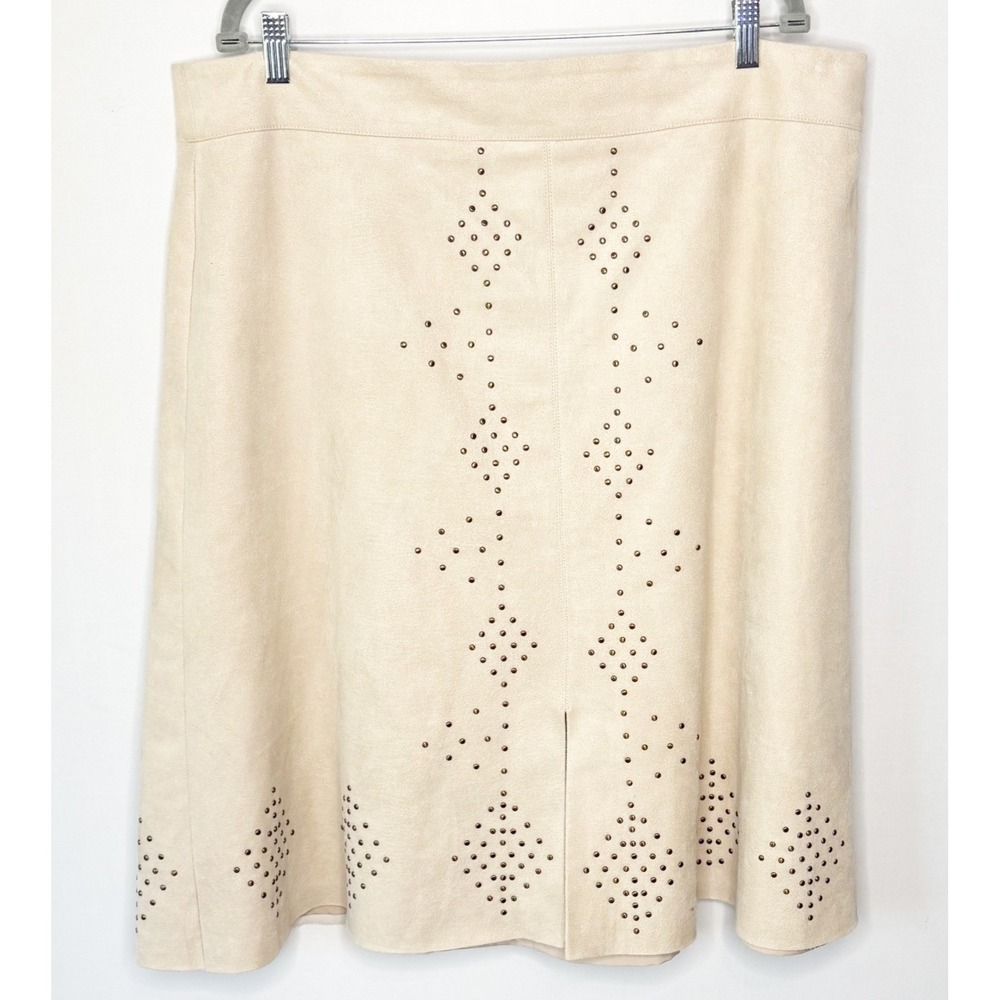 Chico's Faux Suede Studded Midi Skirt Beige‎ Size 3 XL Western Boho A-Line Zip